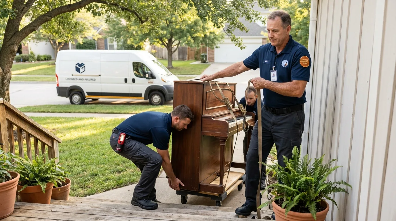 Licensed piano movers securing grand piano in Stafford, TX