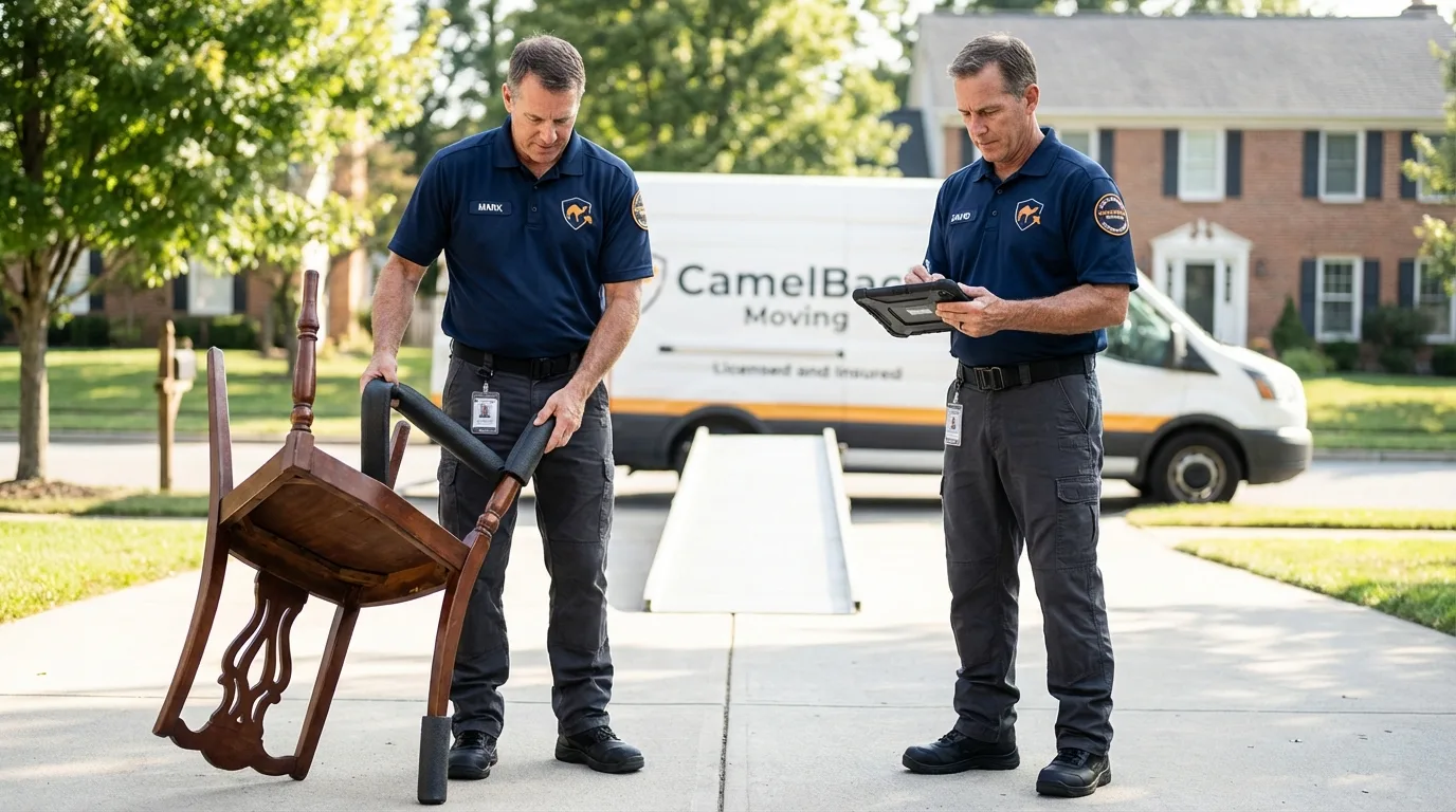 Movers inspecting furniture for damage prevention before loading in Stafford, TX