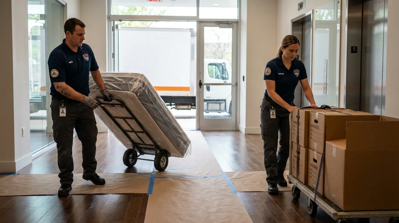 Professional apartment movers loading elevator in Stafford, TX