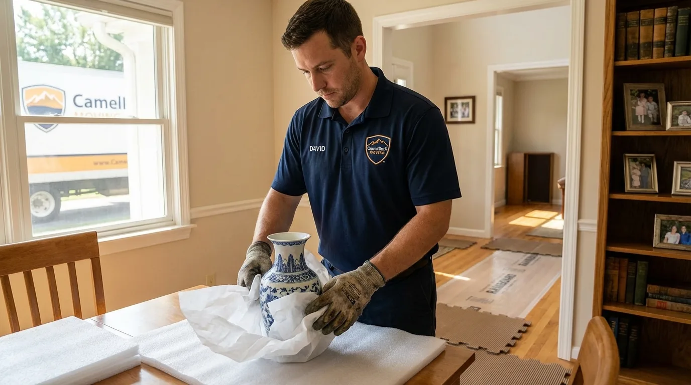 Professional crew carefully wrapping antique vase for senior downsizing move in Stafford, TX